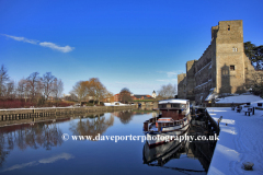 Winter snow, boats on the river Trent, Newark Castle