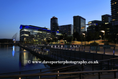 Nightime view over the Media City, Salford Quays, Manchester, Lancashire, England, UK