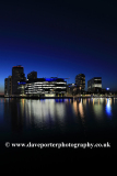 Nightime view over the Media City, Salford Quays, Manchester, Lancashire, England, UK