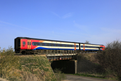 East Midlands Regional train 158846 near Manea village, Fenland, Cambridgeshire, England