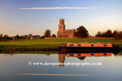 Narrowboat, St Marys Church, river Nene, Fotheringhay
