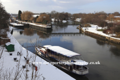 Winter snow, boats on the river Trent, Newark Castle