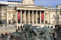 Water fountains with tourists, Trafalgar Square