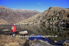 Walker at Glyder Fach reflected in Llyn Cwmffynon