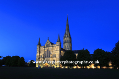 Exterior of the 13th Century Salisbury Cathedral at night, Salisbury City, Wiltshire County, England, UK