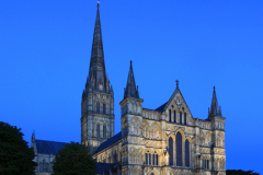 Exterior of the 13th Century Salisbury Cathedral at night, Salisbury City, Wiltshire County, England, UK