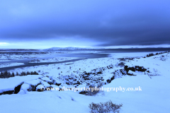 Winter snowy view over Pingvellir National Park