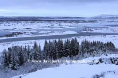 Winter snowy view over Pingvellir National Park