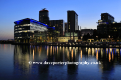Nightime view over the Media City, Salford Quays, Manchester, Lancashire, England, UK