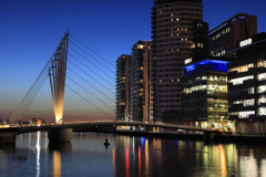 Nightime view over the Media City, Salford Quays, Manchester, Lancashire, England, UK