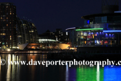 Nightime view over the Media City, Salford Quays, Manchester, Lancashire, England, UK