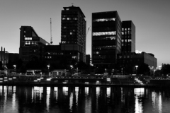 Nightime view over the Media City, Salford Quays, Manchester, Lancashire, England, UK