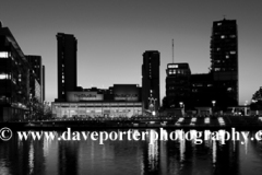 Nightime view over the Media City, Salford Quays, Manchester, Lancashire, England, UK