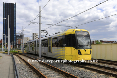 Metrolink tram at Deansgate-Castlefield station, Manchester, Lancashire, England, UK