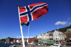 The Norwegian flag and Hanseatic buildings, Bergen