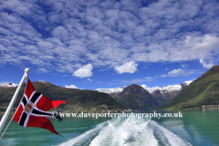 Norwegian flag, tourist boat in Aurlandsfjorden
