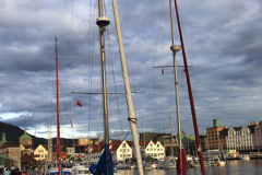 Sunset, Hanseatic buildings at the Bryggen, Bergen