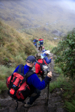 Walkers trekking down the Runcuracay Pass, Inca Trail